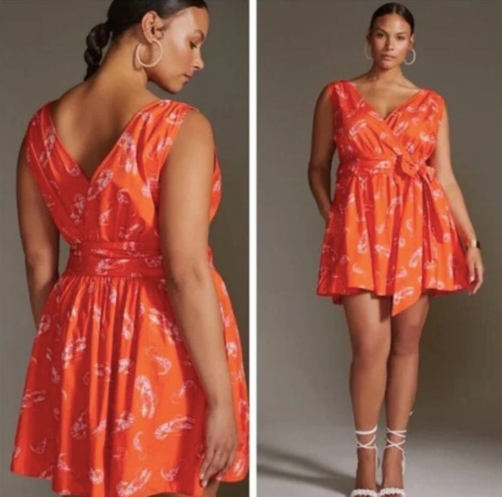 Maeve Anthropologie Orange Red Mainely Lobster Wrap Mini Dress Size XSP